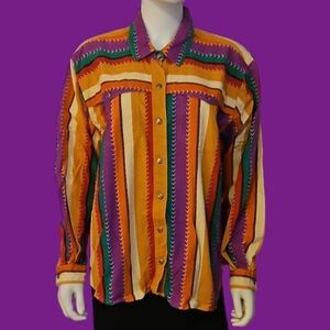 Vtg 1980s RODEO WESTERN WEAR Striped Rainbow Cowgirl Fiesta Snap Shirt FLAWED